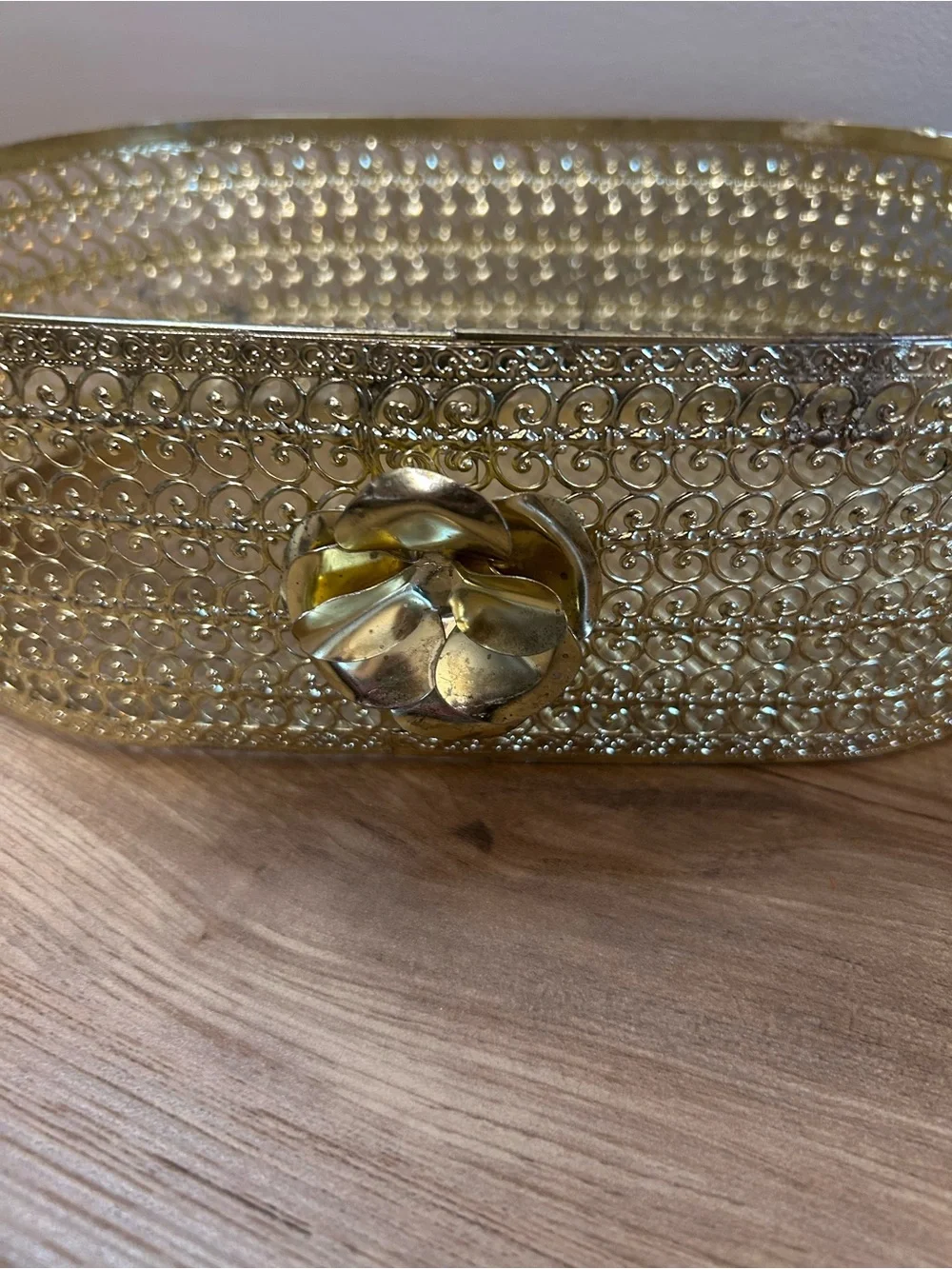 Gold Decorative Glass Basket with Floral Accent MCM Vanity Basket